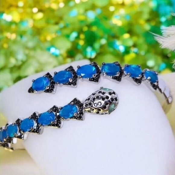 Natural Blue Opal, Emerald & Spinel 925 Sterling Silver Snake Bangle Bracelet - Picture 1 of 7